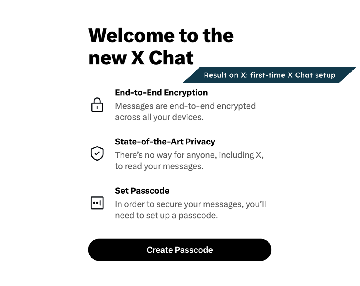 On X, a first-time reader sees the X Chat welcome screen.
