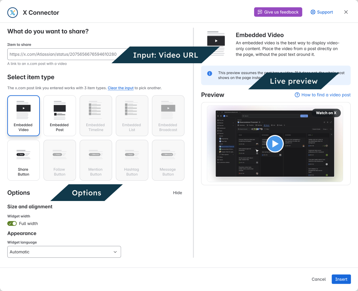 In the editor, Embedded Video is selected.