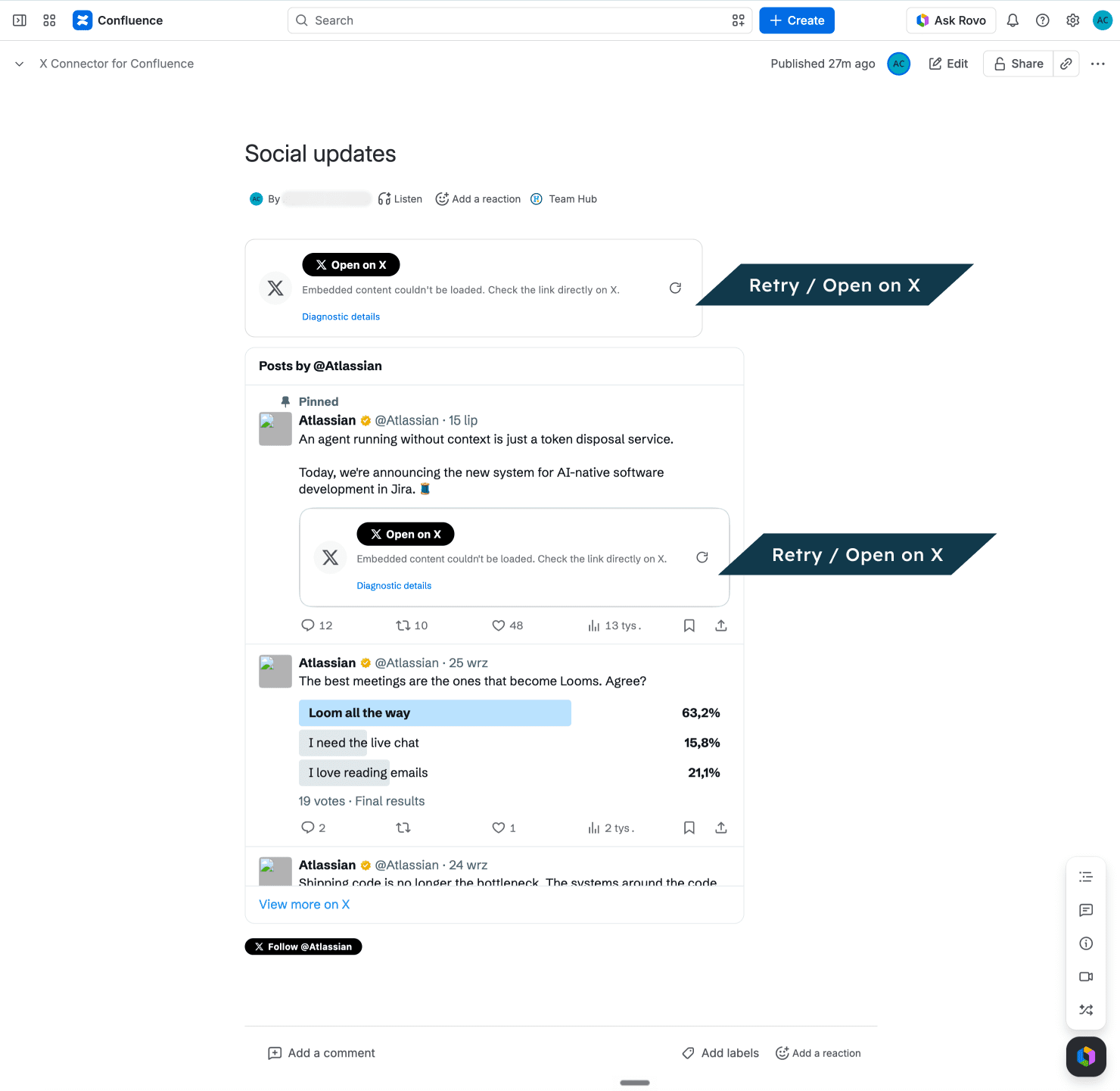 On the published page, a post that couldn't be loaded shows Open on X and Try again.