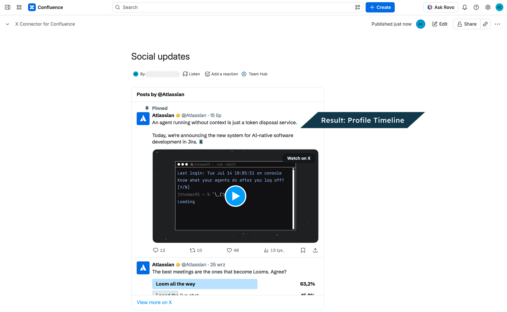 On the published page, readers see the profile timeline.