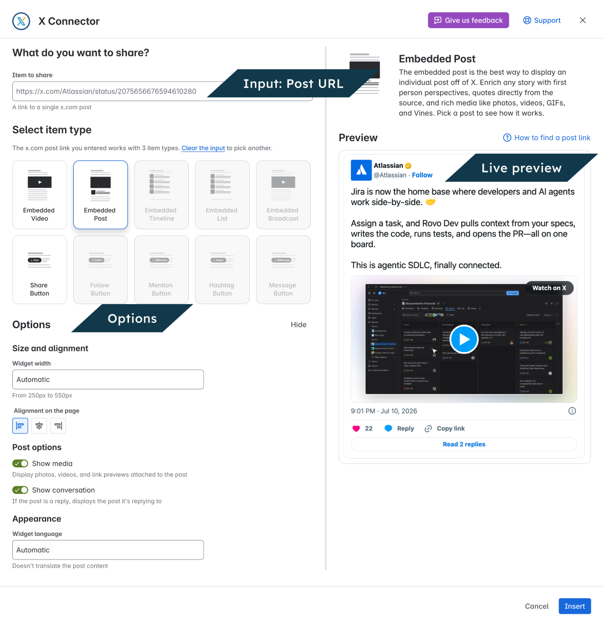 In the editor, Embedded Post is selected.