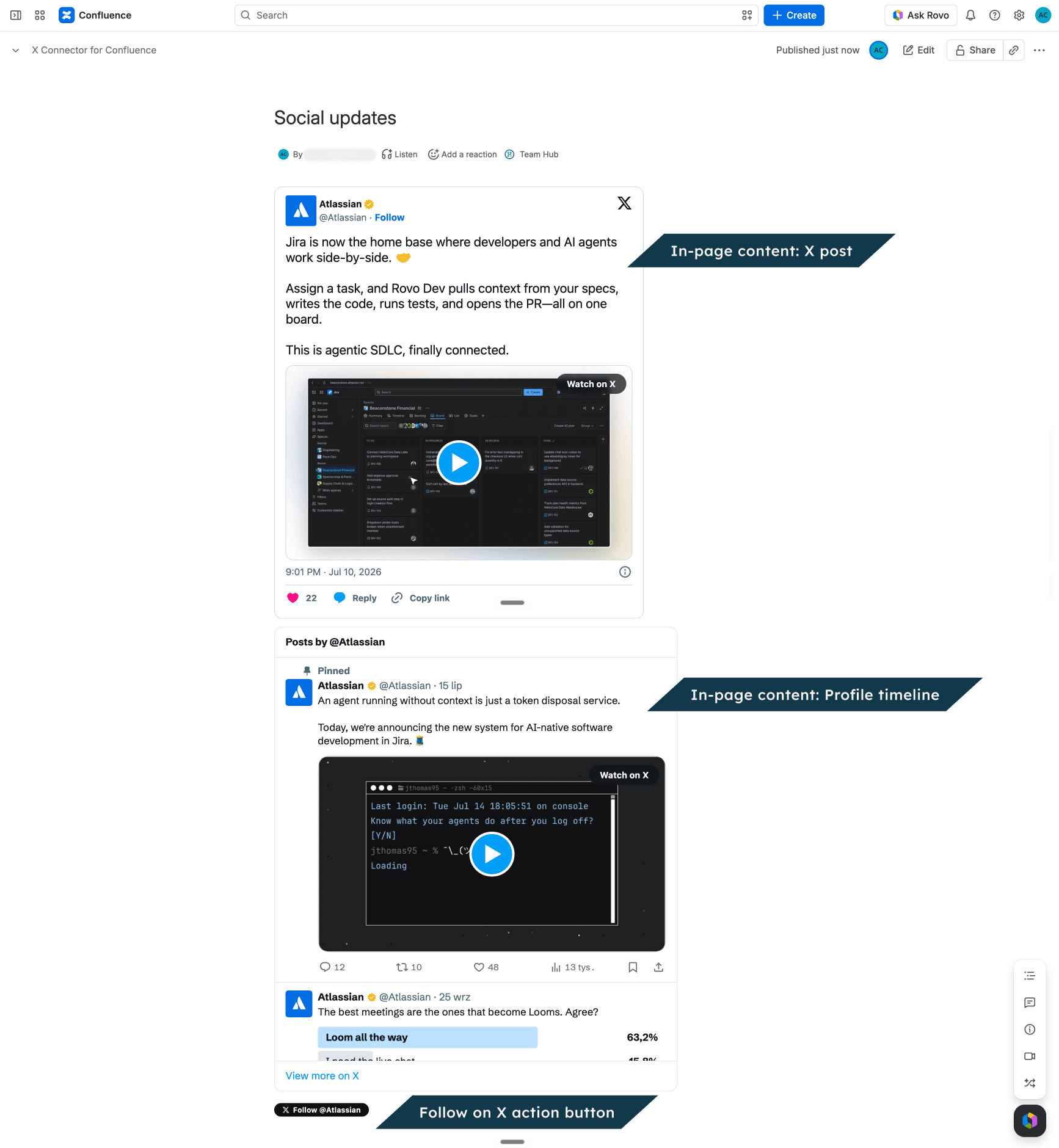On the published page, readers see an X post, a profile timeline and a Follow button.