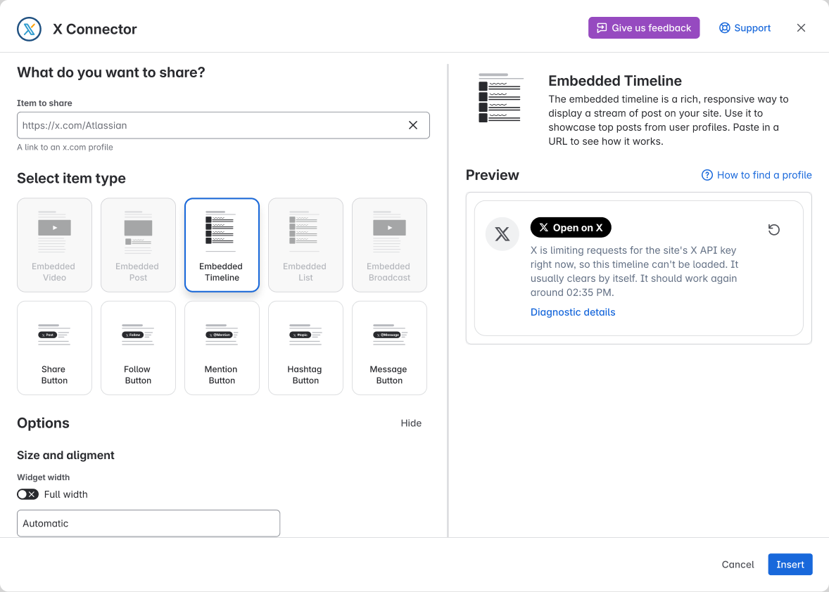 In the editor, the preview shows that X is limiting requests and when it should work again.