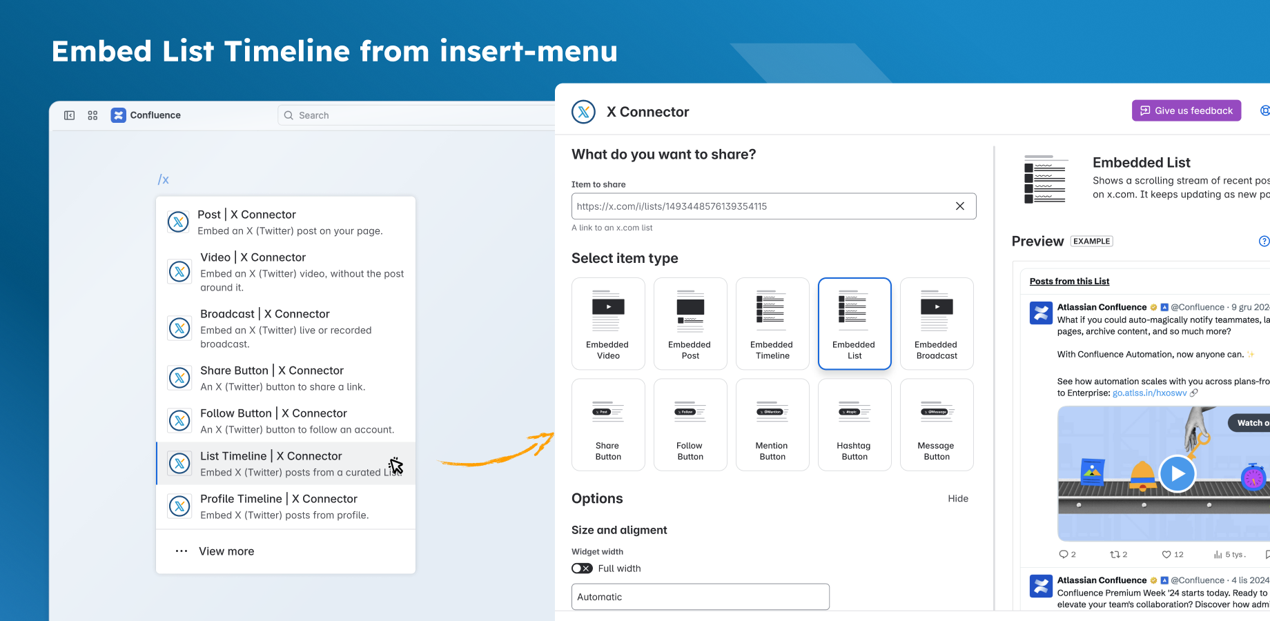 In the insert menu, List Timeline opens the editor with Embedded List selected.
