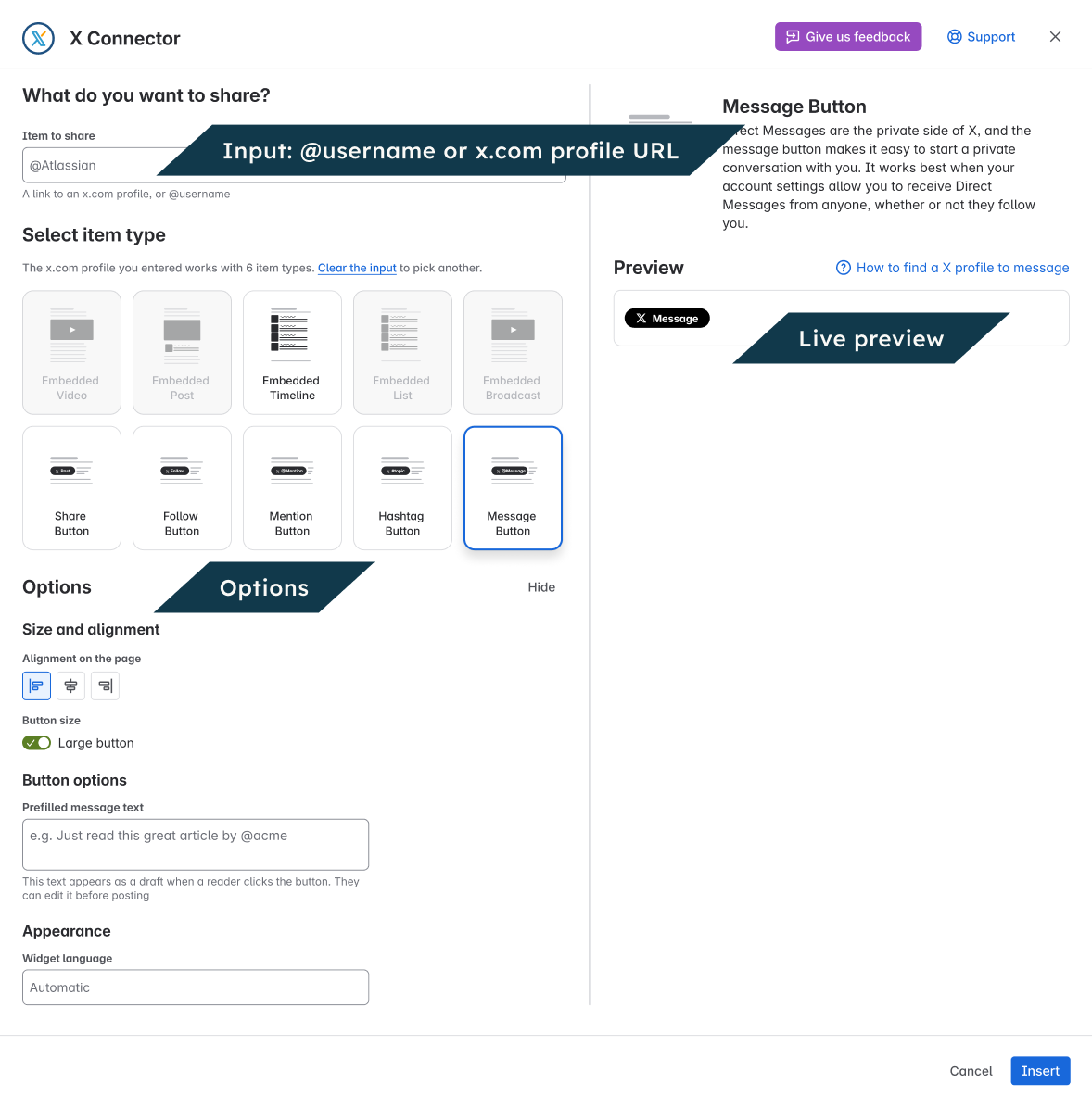 In the editor, Message Button is selected.