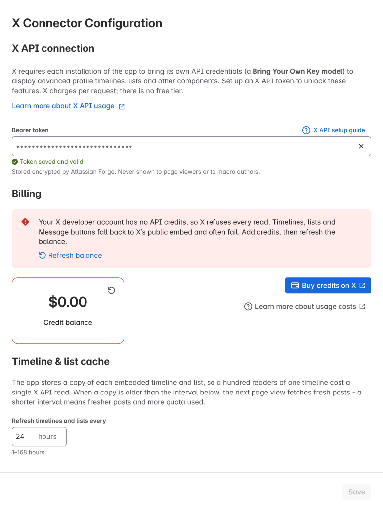 In Configure, the token is saved and the credit balance shows that the X API credits have run out.