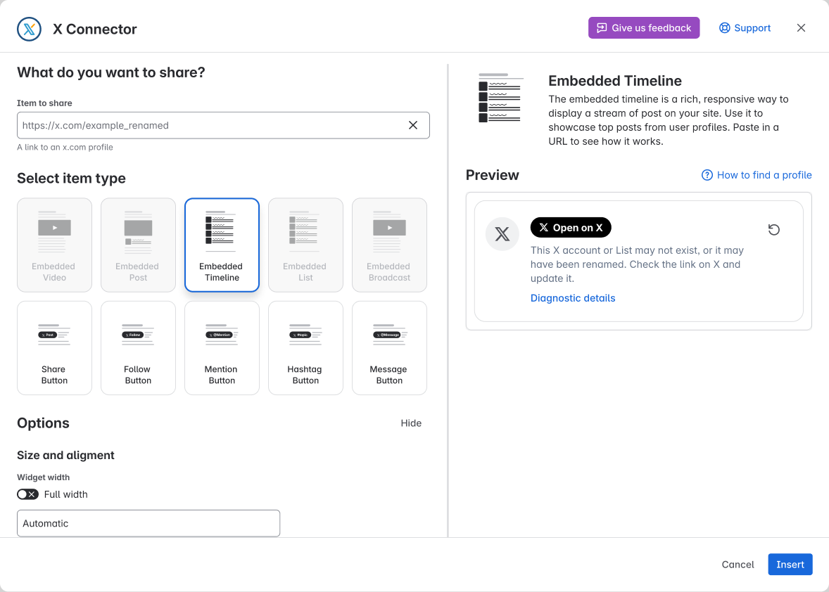 In the editor, the preview says the account or List may not exist or may have been renamed.