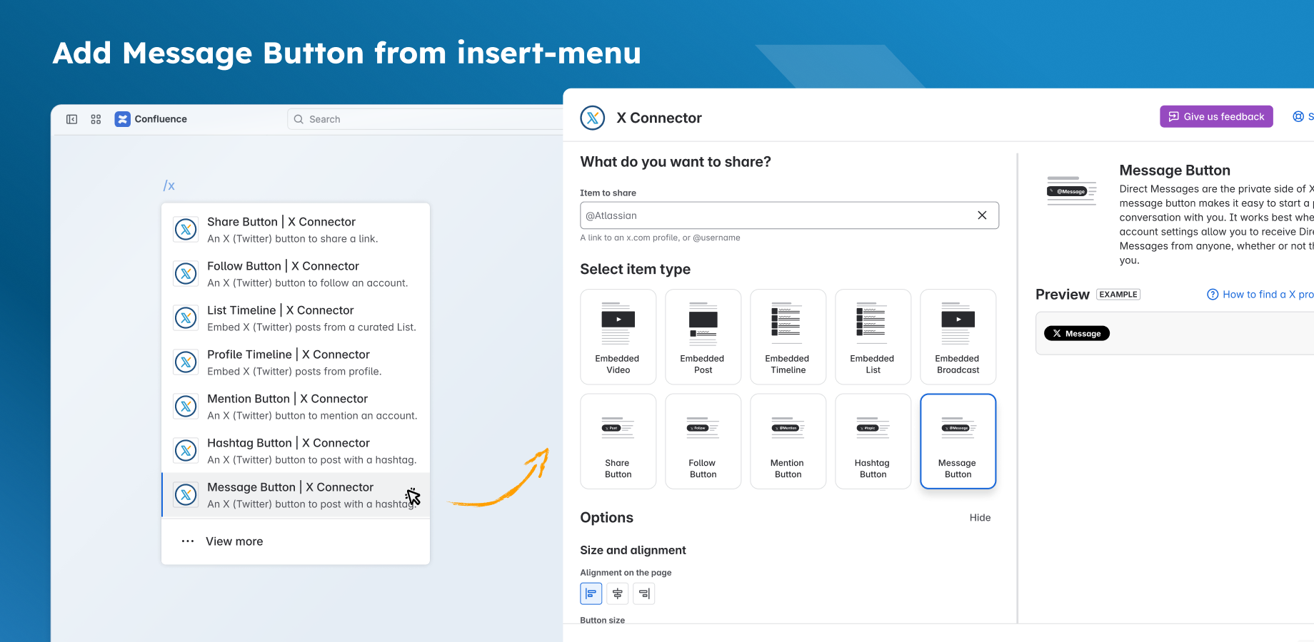 In the insert menu, Message Button opens the editor with Message Button selected.
