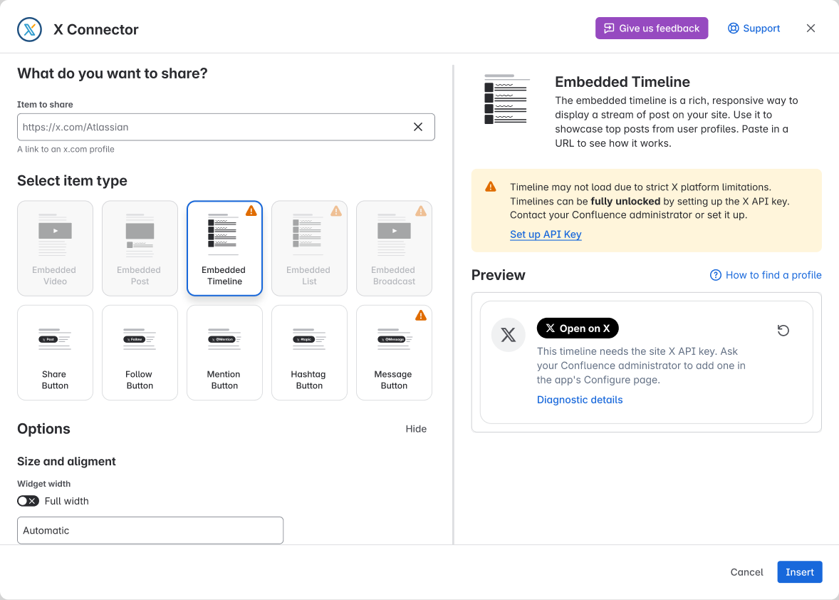 In the editor, the preview explains why the timeline did not load and how to fix it.