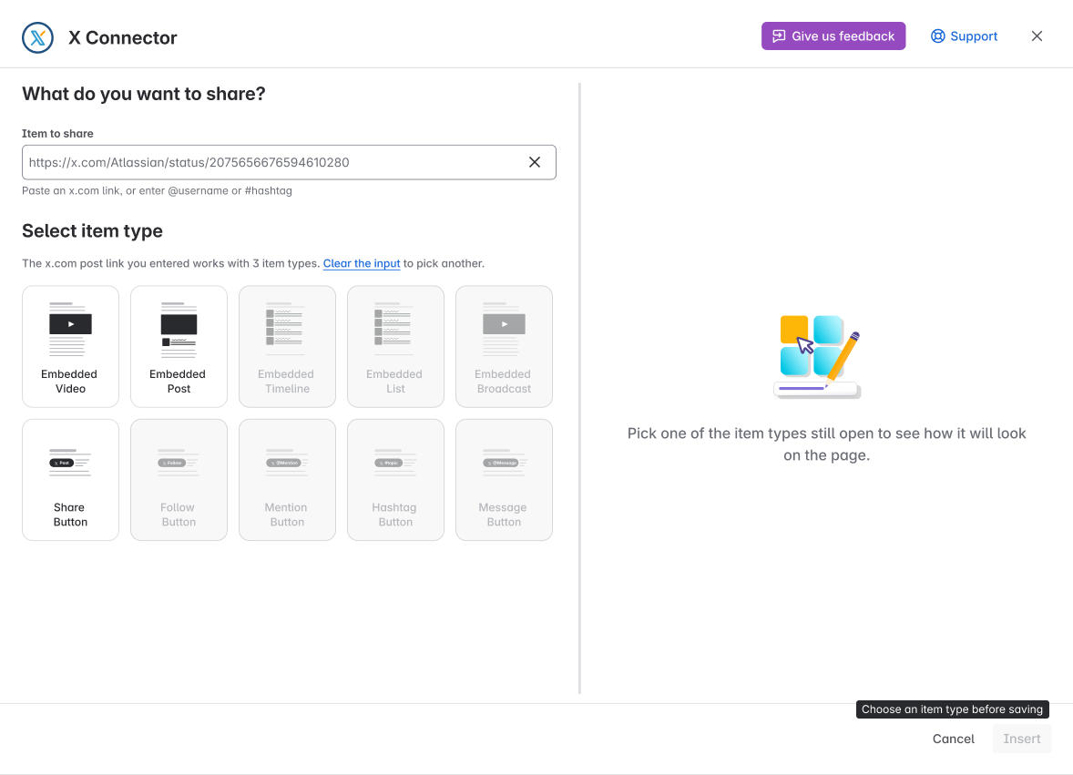 In the editor, a post link is entered but no item type is picked, so Insert is unavailable.