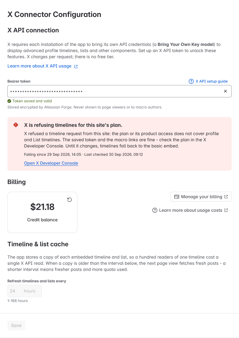 In Configure, the token is saved, but the X plan does not cover timelines.