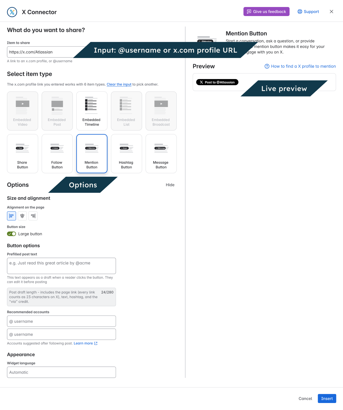 In the editor, Mention Button is selected.
