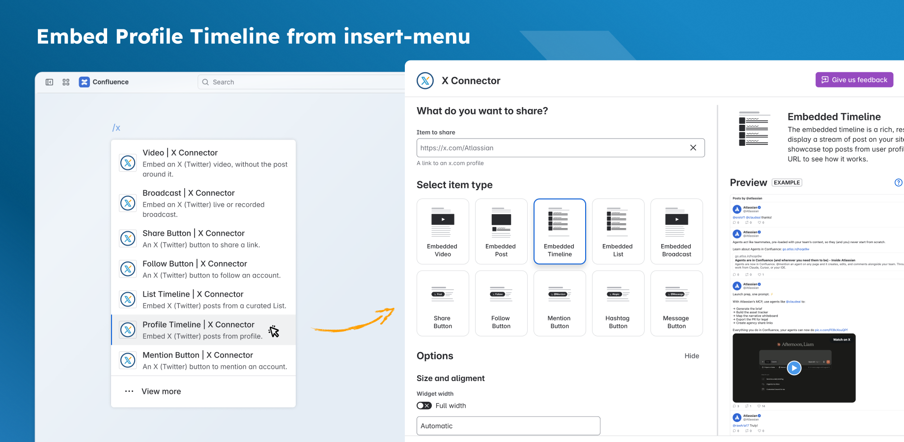 In the insert menu, Profile Timeline opens the editor with Embedded Timeline selected.