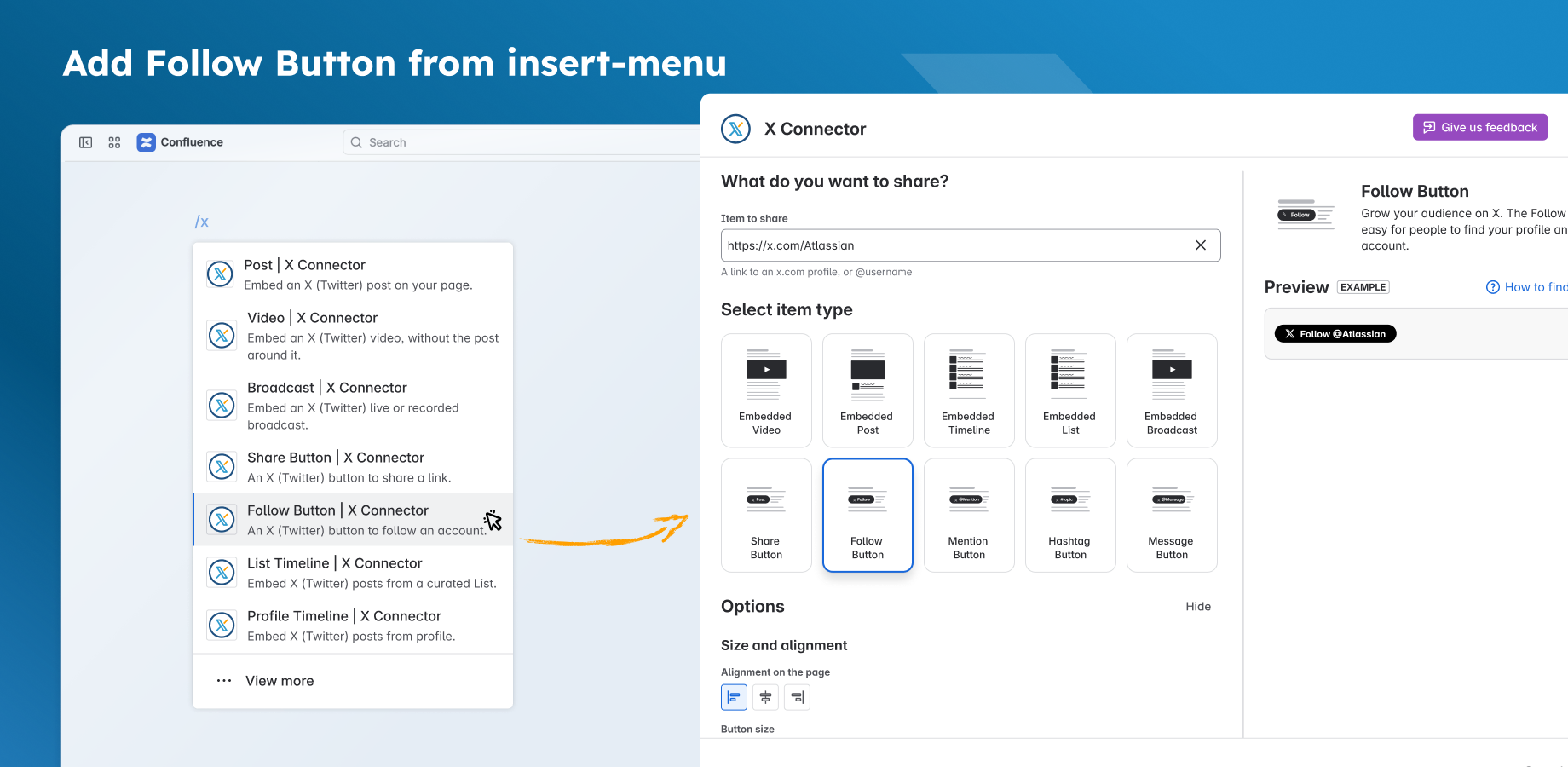 In the insert menu, Follow Button opens the editor with Follow Button selected.