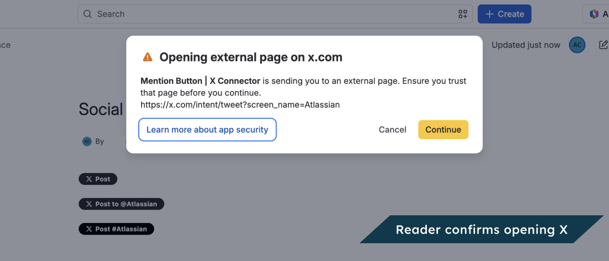 On the published page, Confluence asks readers to confirm before the Mention Button opens X.