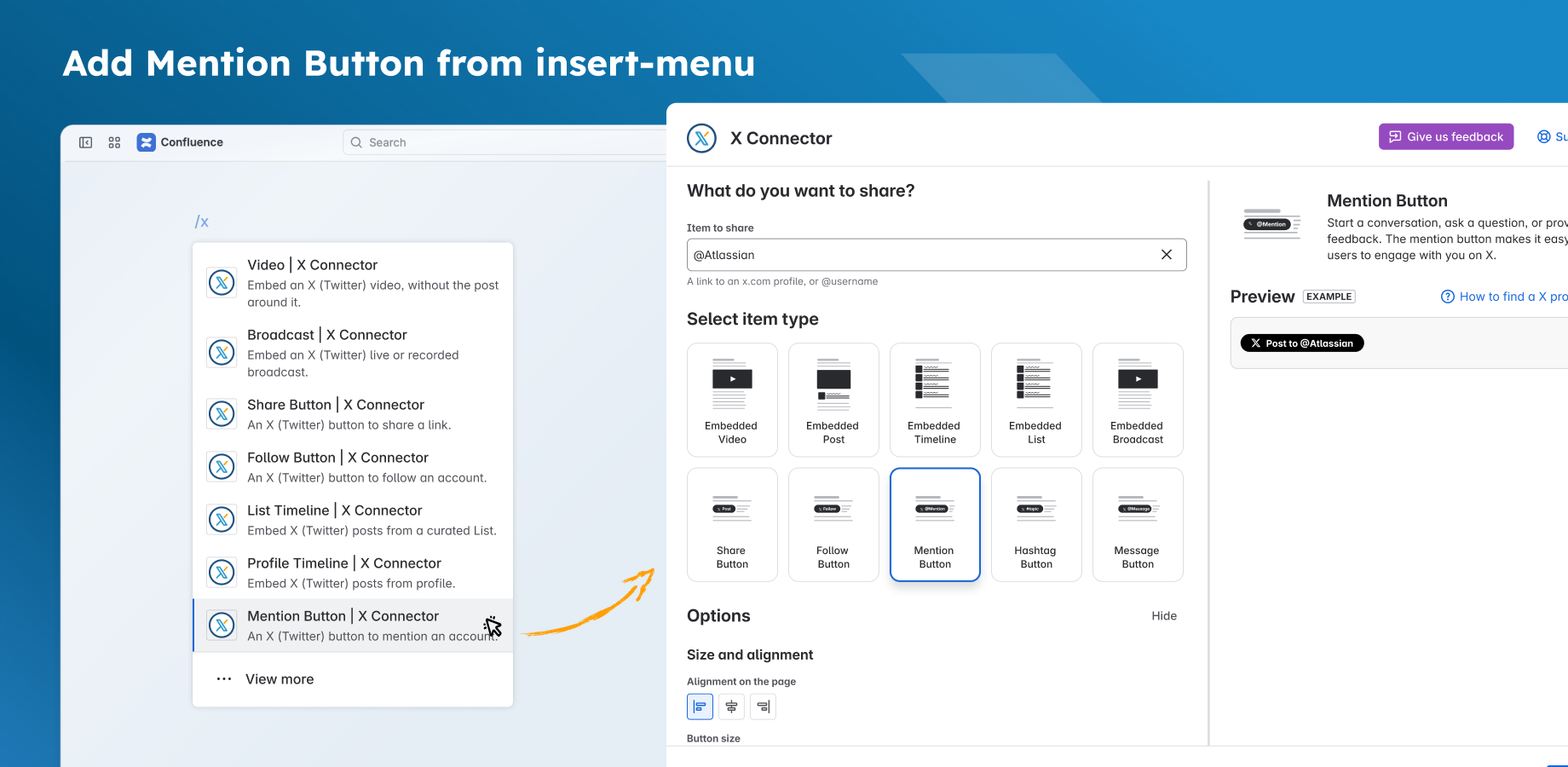 In the insert menu, Mention Button opens the editor with Mention Button selected.