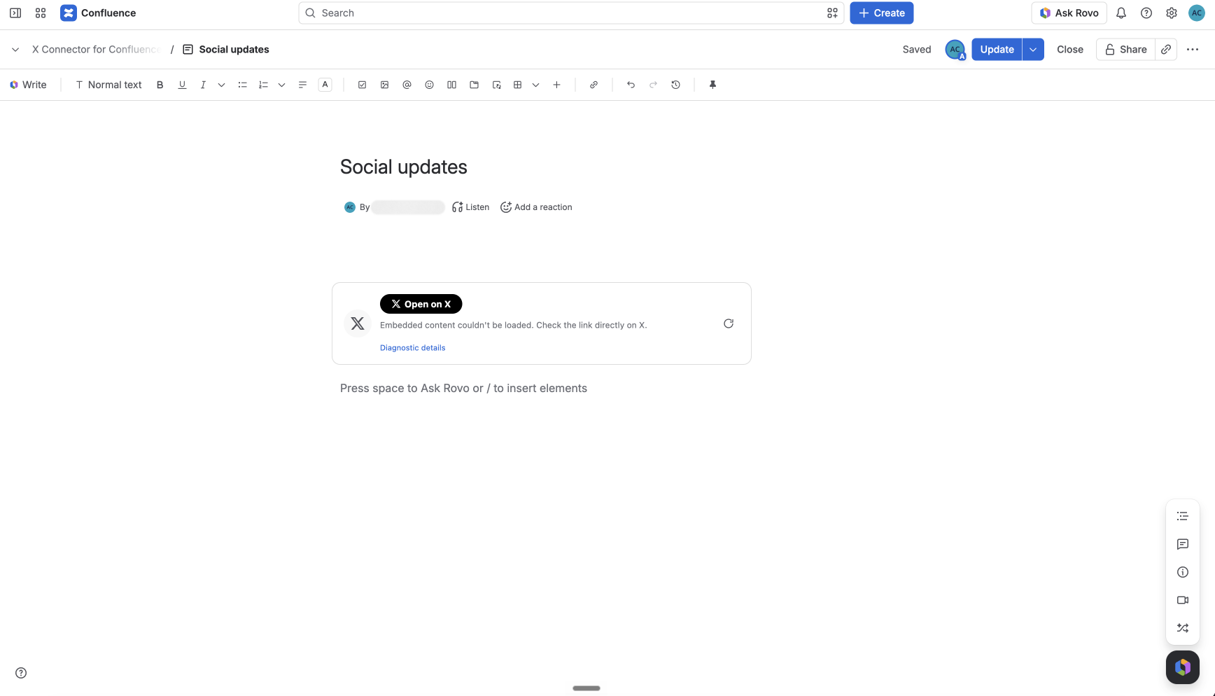 In the page editor, the timeline shows a general error with Try again, Open on X and Diagnostic details.
