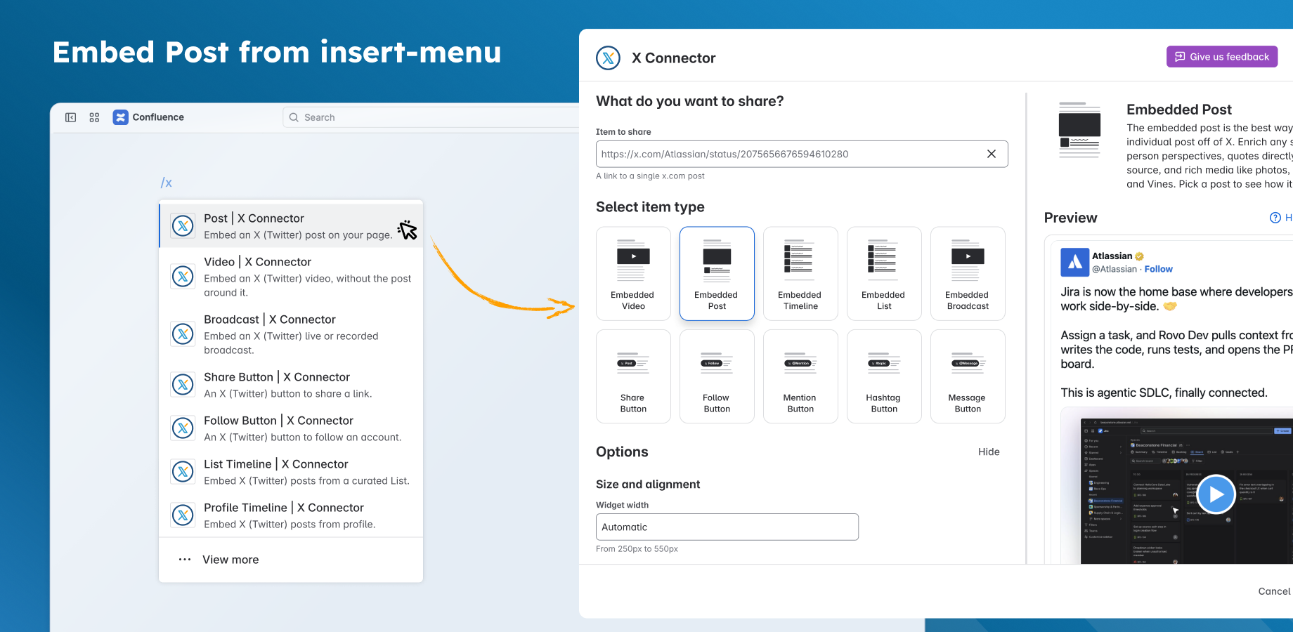 In the insert menu, Post opens the editor with Embedded Post selected.