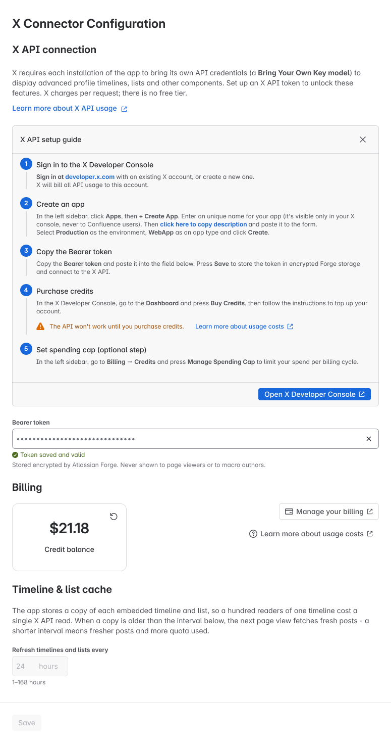 In Configure, admins add the Bearer token, save it, and check credits and cache settings.