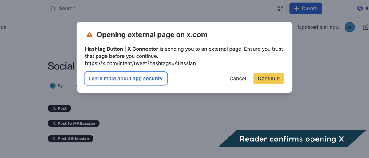 On the published page, Confluence asks readers to confirm before the Hashtag Button opens X.