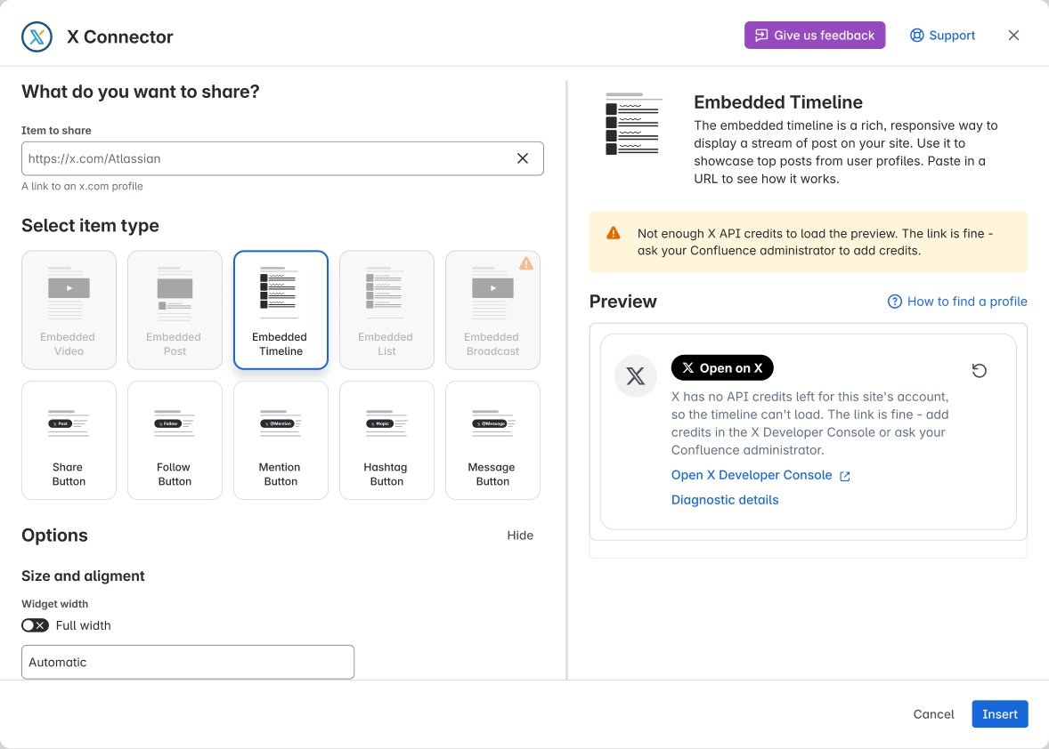 In the editor, the preview shows that the X API credits have run out.