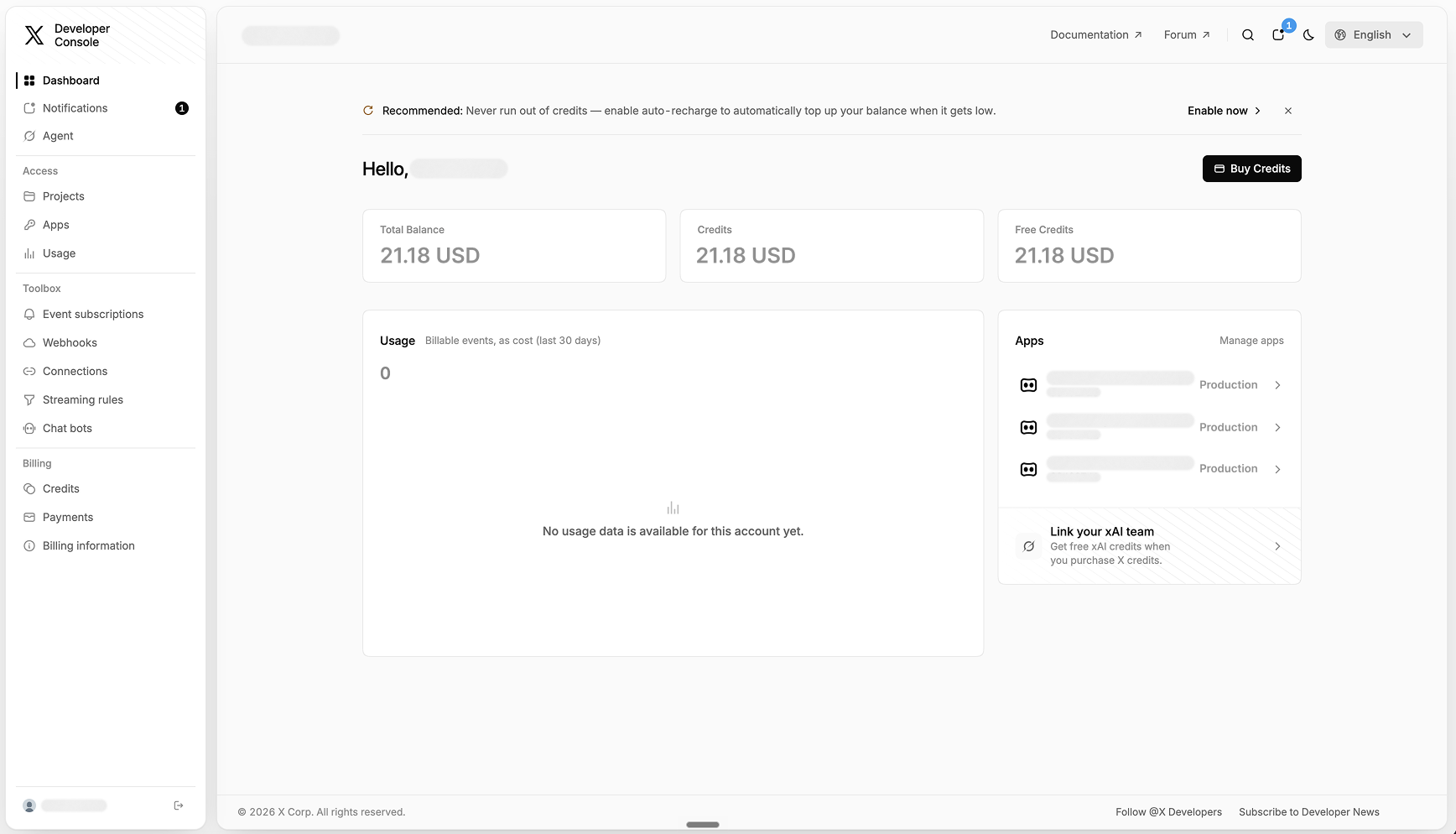In the X Developer Console, admins find the Bearer Token and the credit balance.