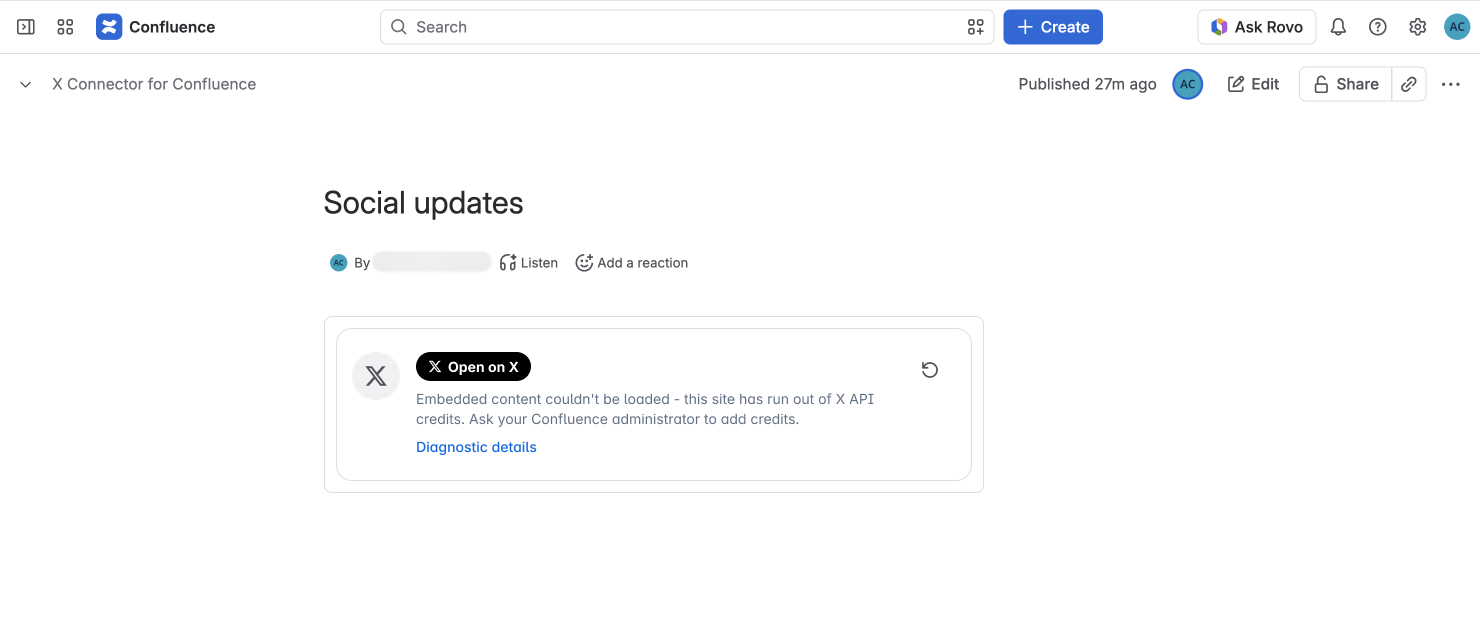 On the published page, readers are asked to contact their Confluence admin.