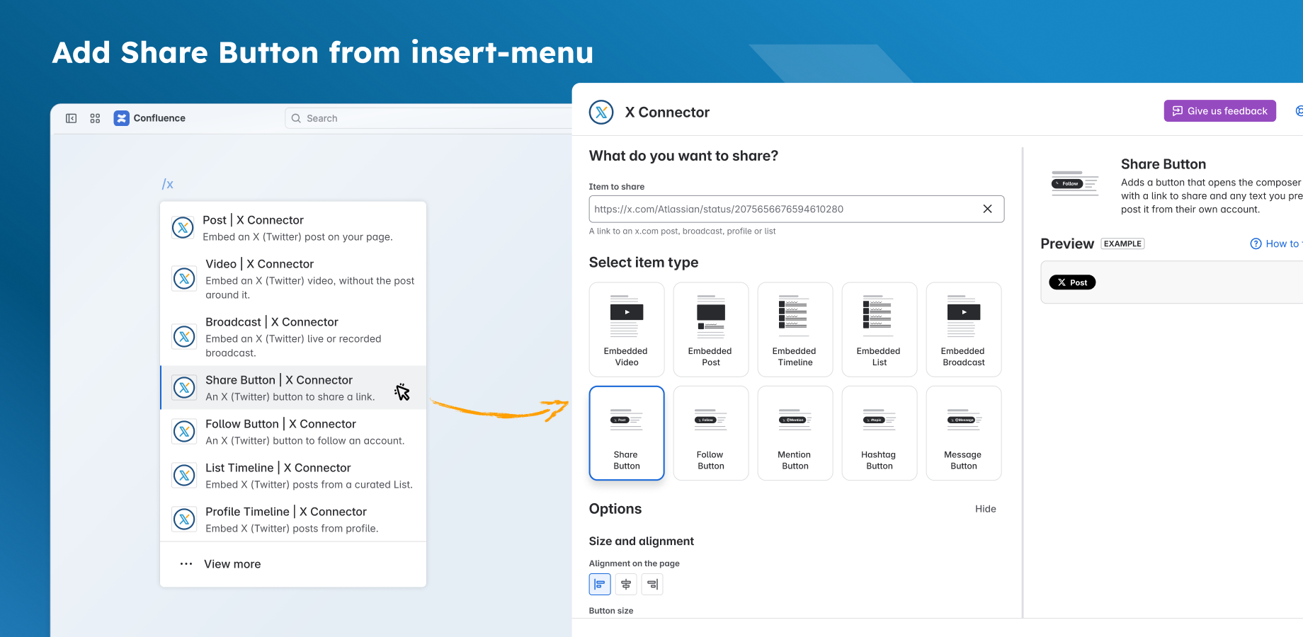 In the insert menu, Share Button opens the editor with Share Button selected.