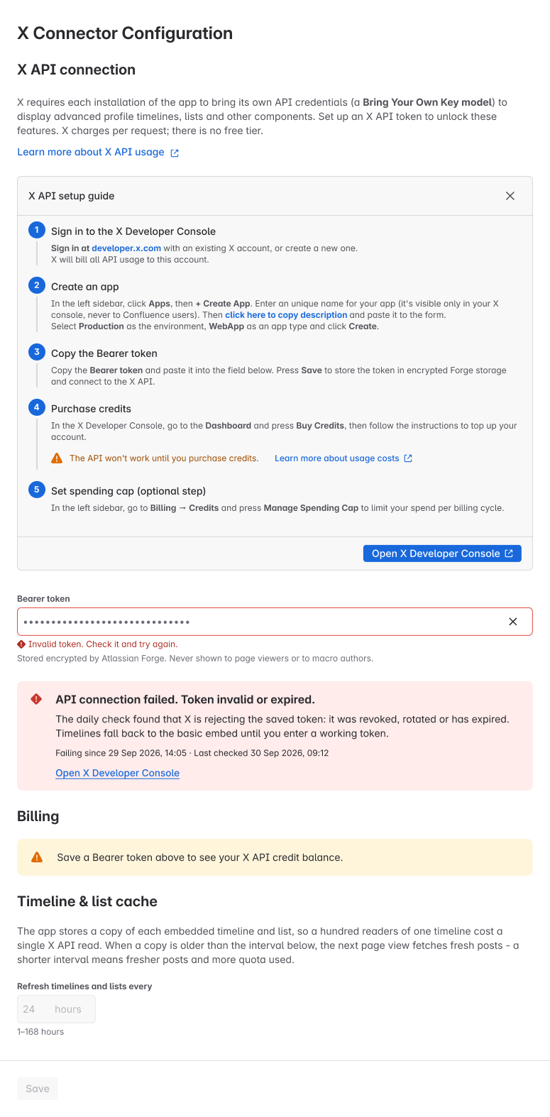 In Configure, the page shows that X rejected the saved key.
