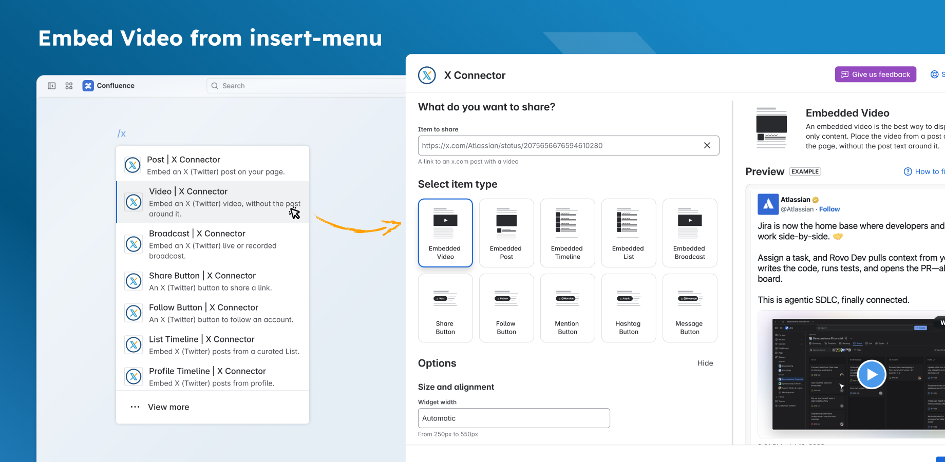 In the insert menu, Video opens the editor with Embedded Video selected.