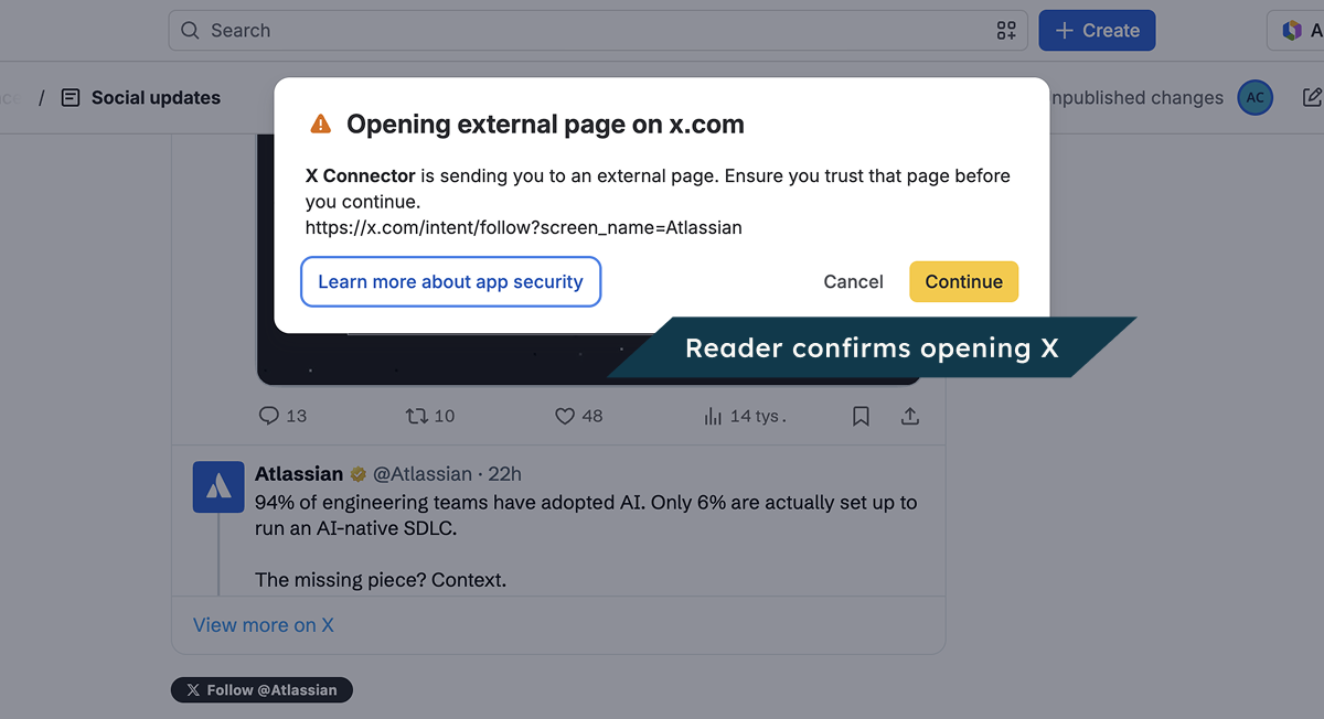 On the published page, Confluence asks readers to confirm before the Follow Button opens X.