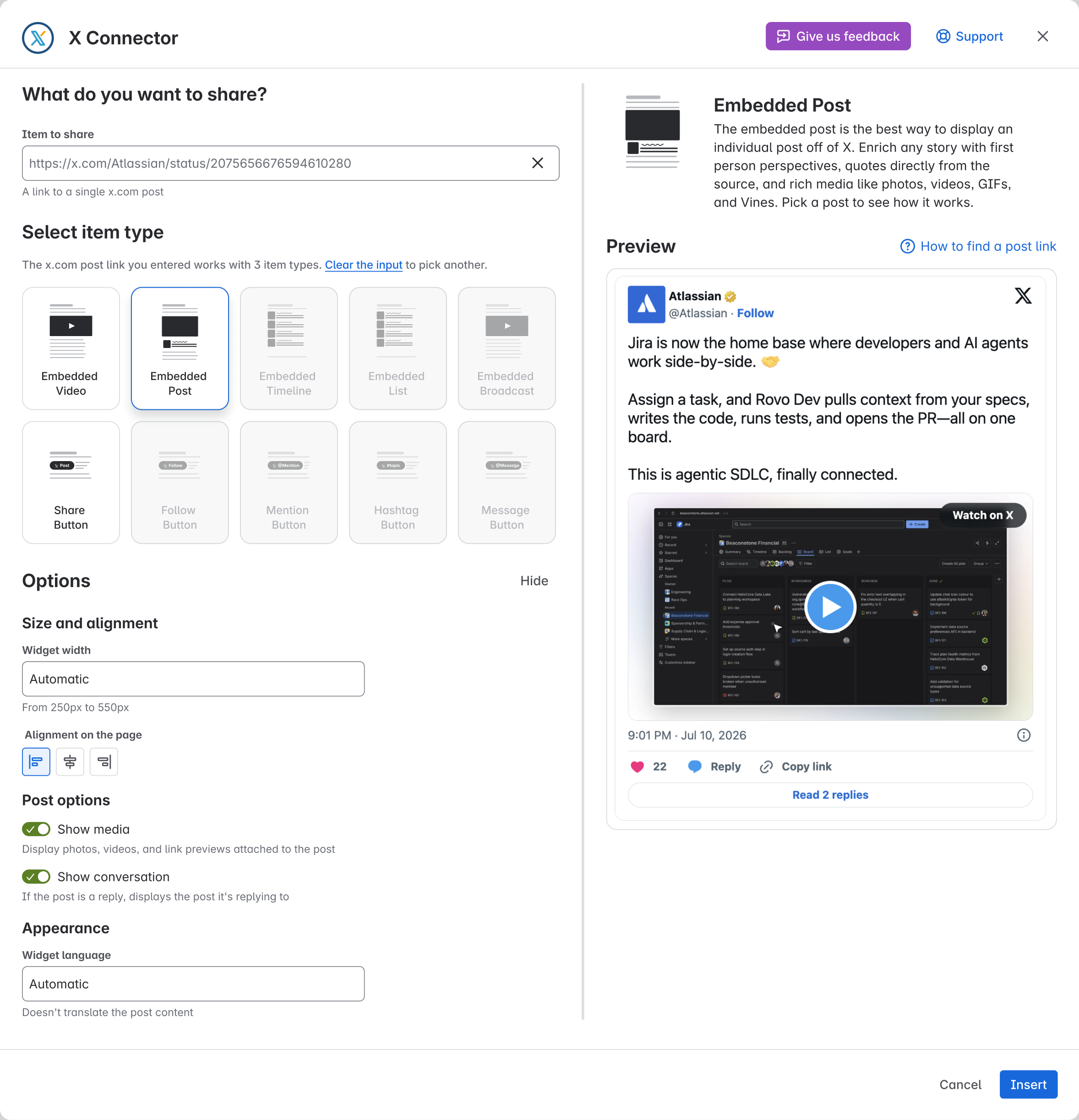 In the editor, Embedded Post is picked for the post link, the preview loads and Insert is available.